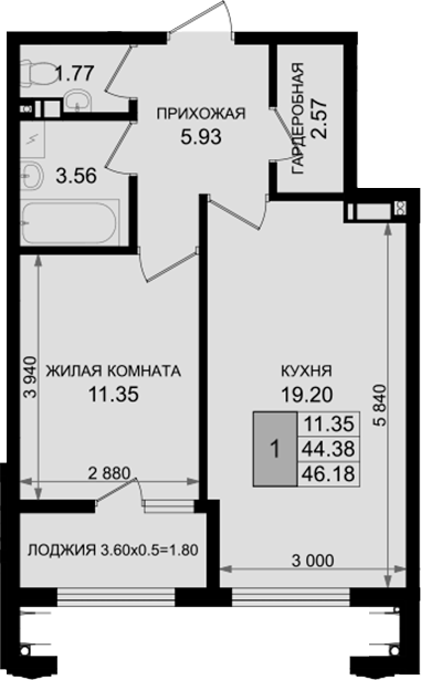 1-комн., 44.38 м², 4/8 этаж, ЖК «Резиденция морей»