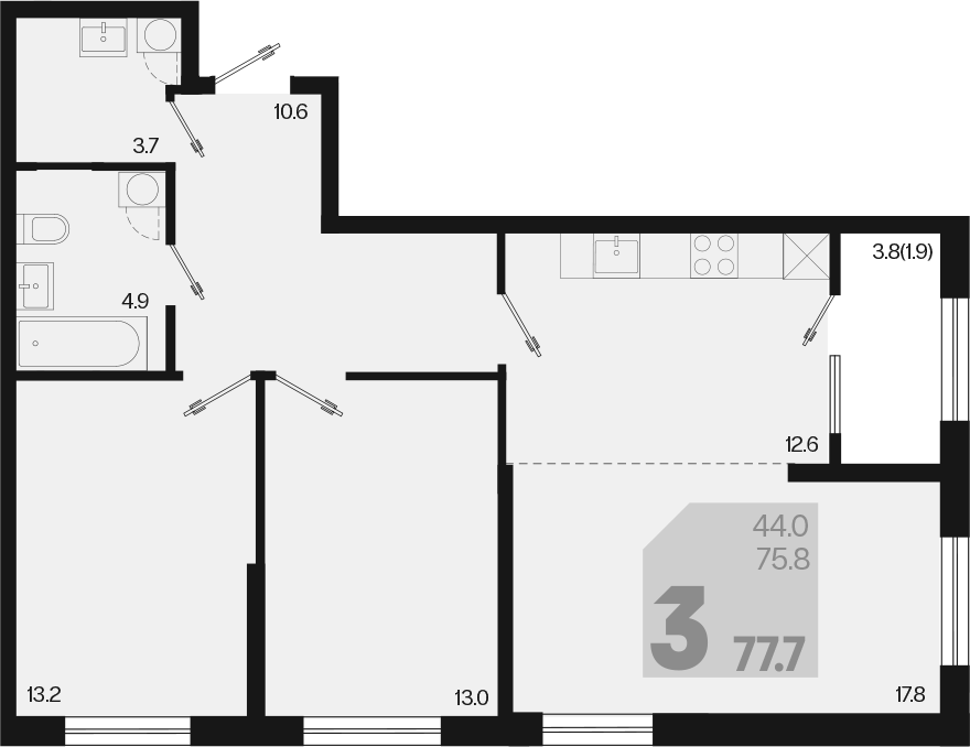 3-комн., 75.8 м², 2/18 этаж, ЖК «Первое место»