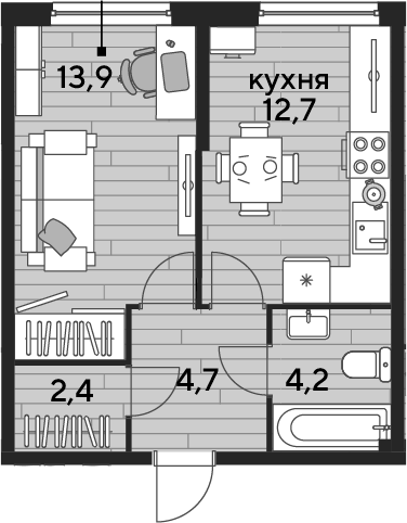 1-комн., 37.9 м², 2/19 этаж, ЖК «DОГМА ПАРК»