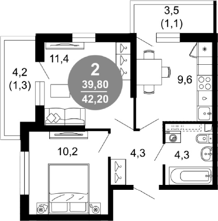 2-комн., 39.8 м², 1/17 этаж, ЖК «Лестория»