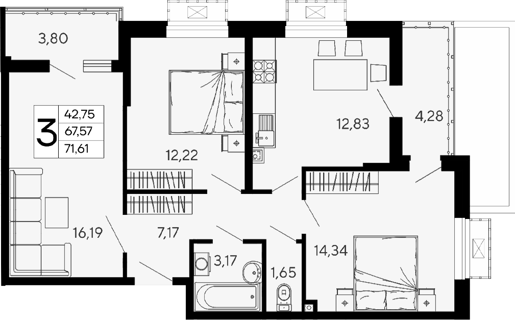 Продается 3-комн. квартира, 67.57 м²