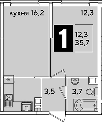 2-комн., 35.7 м², 3/16 этаж, ЖК «Самолет»