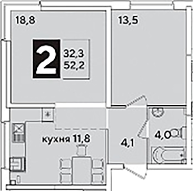 2-комн., 52.2 м², 1/16 этаж, ЖК «Самолет»