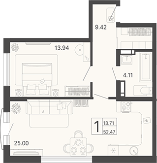 1-комн., 52.47 м², 11/17 этаж, ЖК «Светский лес»