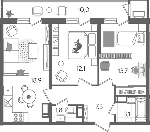 3-комн., 56.9 м², 22/24 этаж, ЖК «Рекорд»