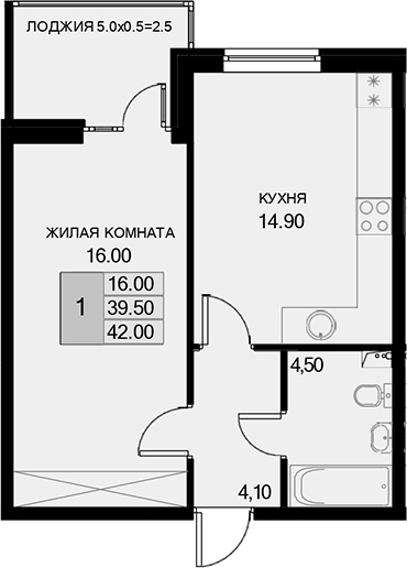 1-комн., 39.5 м², 2/7 этаж, ЖК «История»