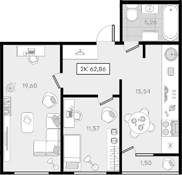 2-комн., 61.36 м², 1/8 этаж, ЖК «История 3»