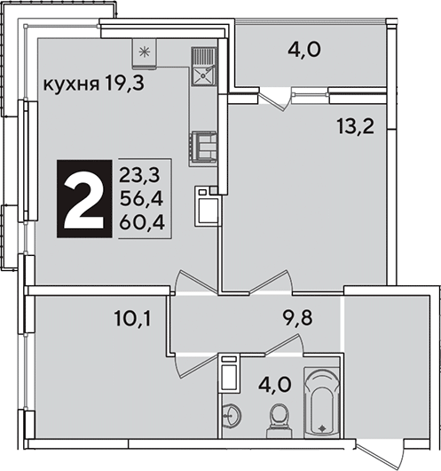 3-комн., 56.4 м², 13/16 этаж, ЖК «Самолет»