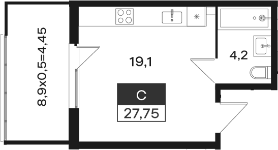Студия, 23.3 м², 1/4 этаж, ЖК «Новая Елизаветка»