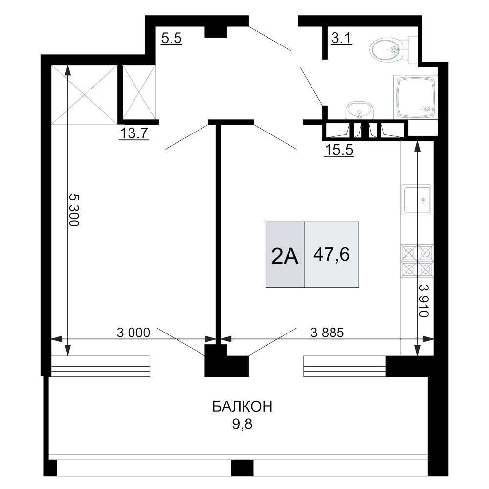 2-комн., 37.8 м², 9/9 этаж, ЖК «Гостиничный комплекс Мореград»
