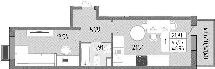 1-комн., 45.55 м², 1/8 этаж, ЖК «Сады у моря»