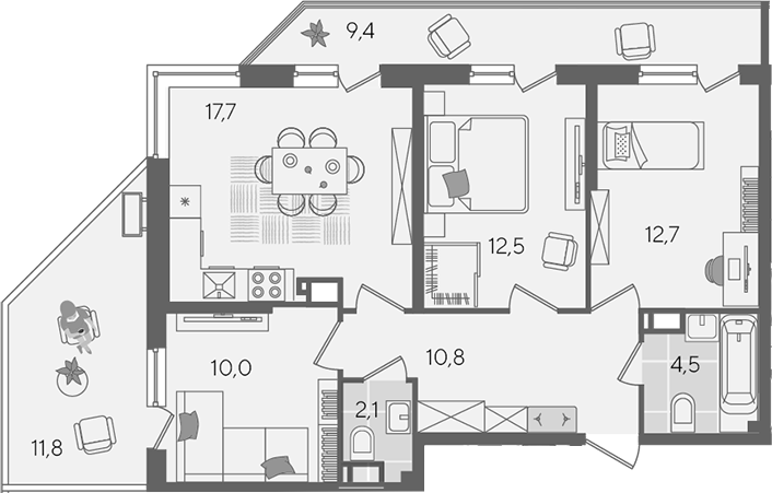 4+ комнаты, 70.3 м², 24/24 этаж, ЖК «Рекорд»