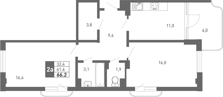 2-комн., 61.3 м², 1/3 этаж, ЖК «Монако»