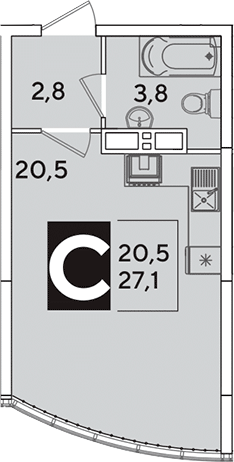 Студия, 27.1 м², 16/16 этаж, ЖК «Самолет»