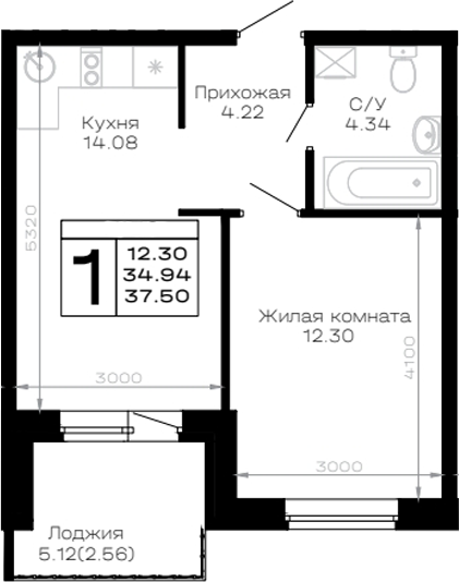 1-комн., 34.94 м², 4/4 этаж, ЖК «Усадьба Гостагаевская»