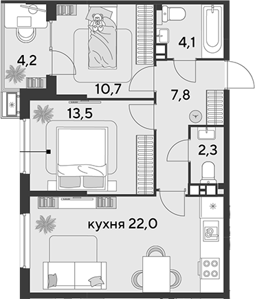 3-комн., 60.4 м², 3/9 этаж, ЖК «Парк Победы»