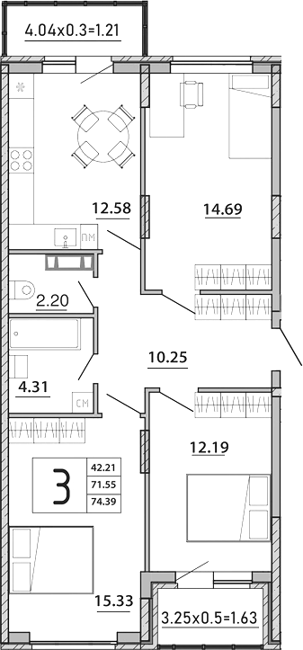 3-комн., 71.55 м², 8/8 этаж, ЖК «Любимый дом. СЗ СтройГрупп»