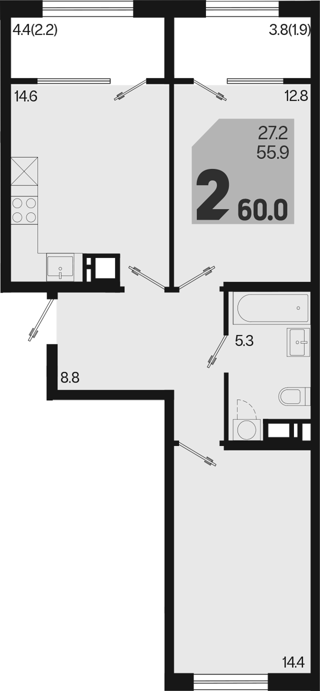 2-комн., 55.9 м², 7/9 этаж, ЖК «Первое место»