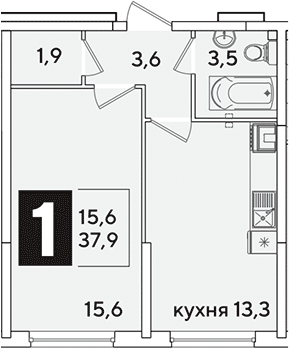 1-комн., 37.9 м², 2/16 этаж, ЖК «Самолет»