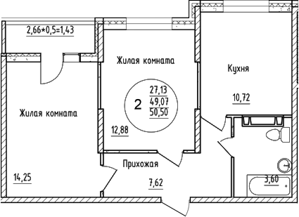 2-комн., 49.07 м², 2/16 этаж, ЖК «Друг»
