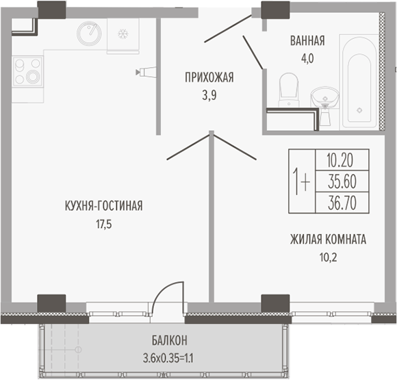 2-комн., 37.24 м², 1/5 этаж, ЖК «Екатерининский парк»