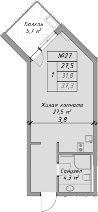 Студия, 31.8 м², 2/4 этаж, ЖК «Оазис Азова»