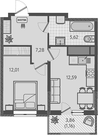1-комн., 37.5 м², 17/18 этаж, ЖК «Теплые края»
