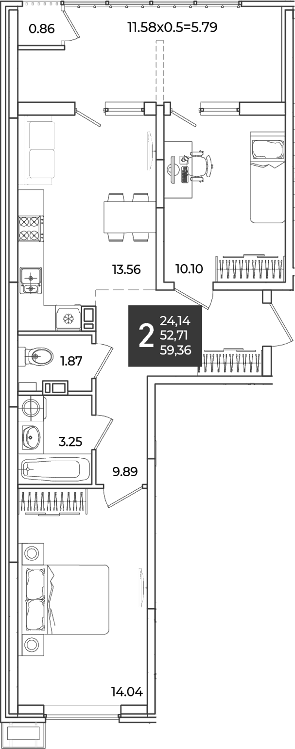 2-комн., 52.71 м², 5/18 этаж, ЖК «Образцово»