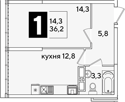 1-комн., 36.2 м², 16/16 этаж, ЖК «Самолет»