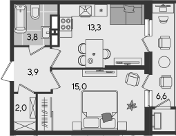 1-комн., 38 м², 22/24 этаж, ЖК «Рекорд»