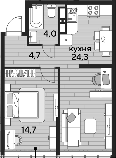 1-комн., 47.7 м², 18/19 этаж, ЖК «DОГМА ПАРК»