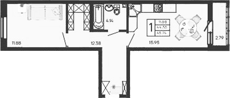 1-комн., 44.34 м², 2/18 этаж, ЖК «Дом 101»