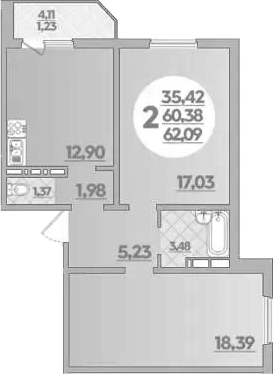 2-комн., 60.38 м², 7/8 этаж, ЖК «Молодежный 2»