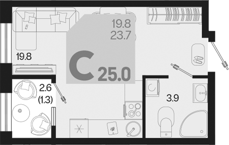 Студия, 23.7 м², 2/18 этаж, ЖК «Первое место»
