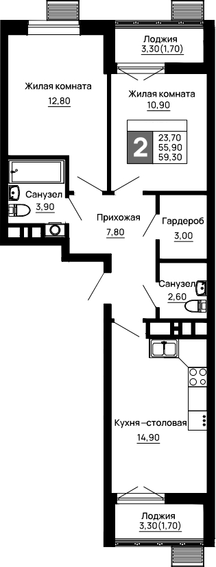 2-комн., 55.9 м², 3/16 этаж, ЖК «Традиции»