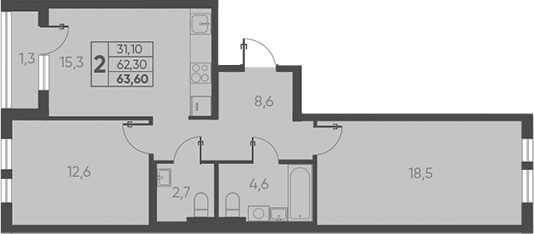 2-комн., 62.3 м², 12/15 этаж, ЖК «Барса»