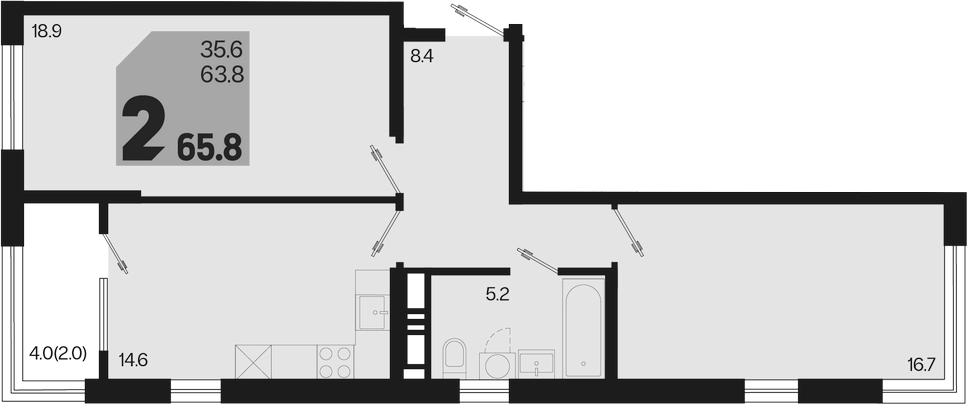 2-комн., 63.8 м², 18/18 этаж, ЖК «Первое место»