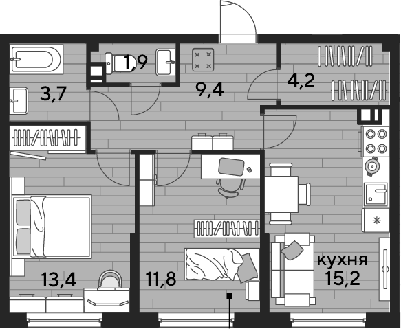 2-комн., 59.6 м², 7/16 этаж, ЖК «DОГМА ПАРК»