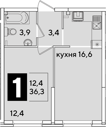 2-комн., 36.3 м², 1/16 этаж, ЖК «Самолет»