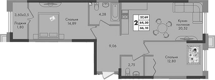 Продается 2-комн. квартира, 64.3 м²