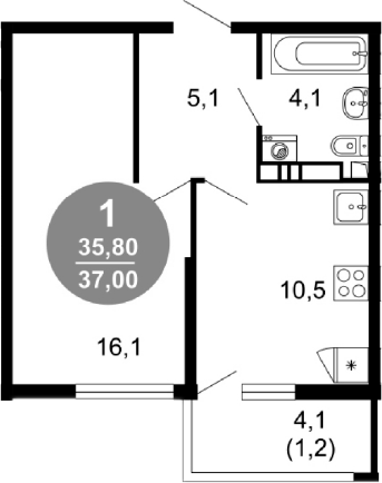 1-комн., 35.8 м², 9/17 этаж, ЖК «Лестория»