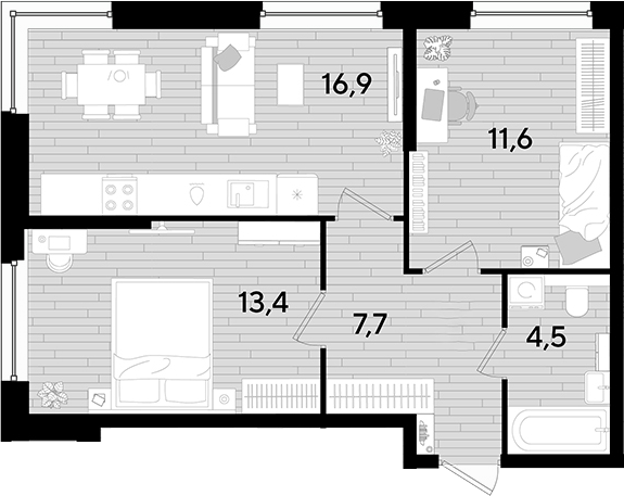 2-комн., 54.1 м², 2/16 этаж, ЖК «DОГМА ПАРК»
