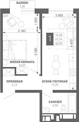1-комн., 40.08 м², 3/18 этаж, ЖК «Иначе в Молодежном»