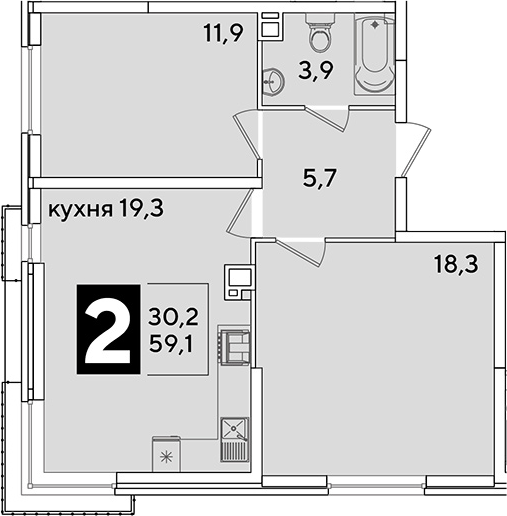 3-комн., 59.1 м², 3/16 этаж, ЖК «Самолет»