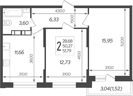 2-комн., 50.27 м², 15/19 этаж, ЖК «Смородина»
