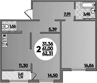 2-комн., 61 м², 15/16 этаж, ЖК «Восточный. Квартал №6»