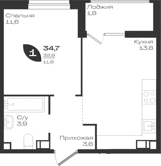 1-комн., 32.9 м², 3/9 этаж, ЖК «Ботаника»