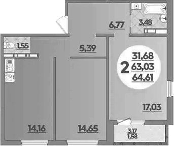 2-комн., 63.03 м², 10/16 этаж, ЖК «Восточный. Квартал №6»