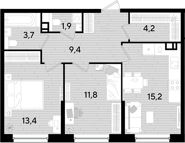 2-комн., 59.6 м², 9/16 этаж, ЖК «DОГМА ПАРК»