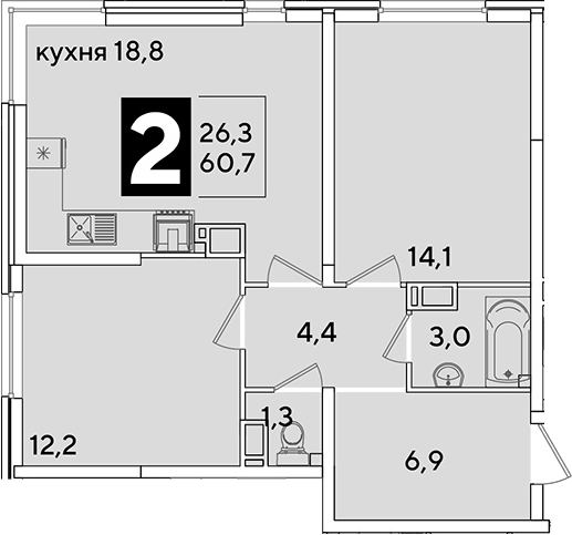 3-комн., 60.7 м², 13/16 этаж, ЖК «Самолет»